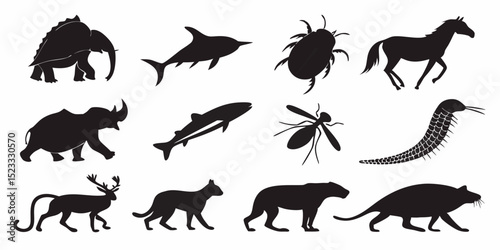 Silhouetted Wildlife: A diverse collection of animal silhouettes in a stark black and white composition. Illustrating the beautiful diversity of nature's creatures and the essence of wildlife.
