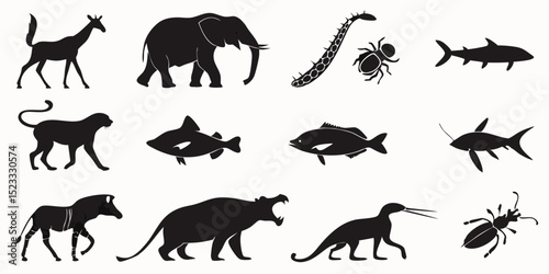 Wildlife Silhouettes Collection: A collection of stylized animal silhouettes showcases a giraffe, elephant, snake, beetle, shark, cheetah, fish, fish, shark, zebra, hippopotamus, dinosaur, beetle.