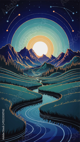 Vibrant Vector Mountain Landscape with River, Radiant Sunrise, Night Sky and Shooting Stars, Surreal Nature Illustration