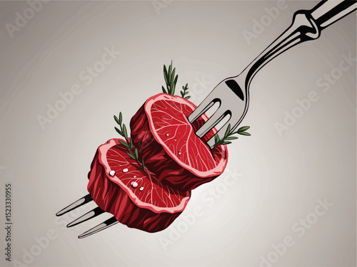 Vector Illustration of Raw Steak Slices on Fork with Herbs and Salt - Gourmet Food Concept on Gray Background