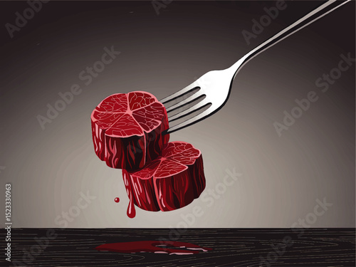 Vector Illustration of Raw Red Beef Steak Slices on Fork with Blood Drops, Dark Background, Gourmet Meat Concept