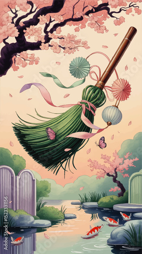 Tranquil Japanese Garden Illustration with Floating Bamboo Broom, Cherry Blossoms, Lanterns, Butterflies, and Koi Fish Pond at Sunset