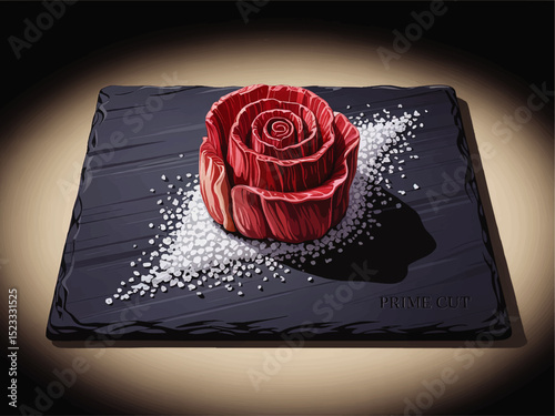 Gourmet Beef Rose Illustration on Slate Plate with Coarse Salt, Premium Meat Culinary Art for Restaurant Menus and Food Design