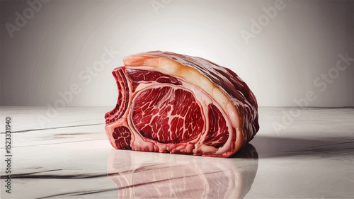 Premium Raw Ribeye Steak with Bone and Marbled Fat on Marble Surface, Isolated on Light Gradient Background, Gourmet Meat Concept