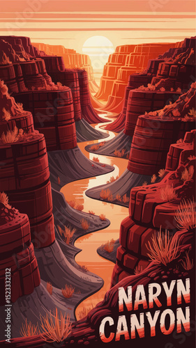 Stunning Vector Illustration of Naryn Canyon at Sunset with River, Red Rock Formations, and Desert Landscape for Travel Posters