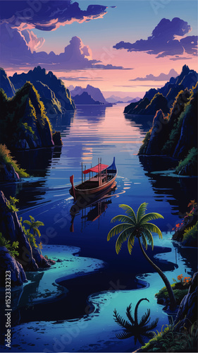 Serene Tropical Lagoon at Sunset with Traditional Wooden Boat, Vibrant Mountains, and Lush Palm Trees – Digital Art Landscape