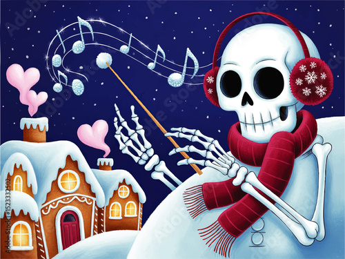 Whimsical Winter Skeleton Snowman Conducting Music with Red Scarf and Earmuffs, Snowy Night Gingerbread Village Illustration