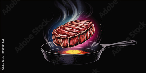 Juicy Steak Illustration Hovering Over Hot Cast Iron Skillet with Colorful Smoke, Searing Meat Concept on Black Background