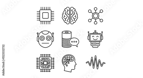 Artificial Intelligence Icon Set – Line Icons of AI Chip, Neural Network, Robotics, Machine Learning and Voice Assistant