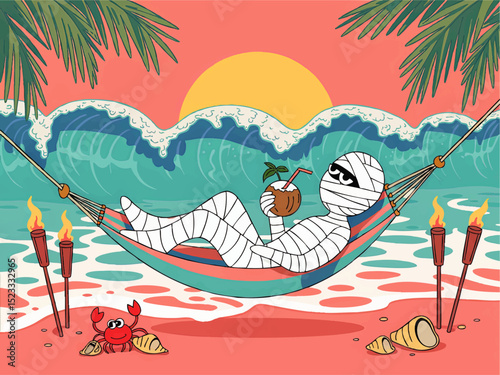 Cartoon Mummy Relaxing on Tropical Beach Hammock at Sunset with Coconut Drink, Tiki Torches, Crab, and Ocean Waves