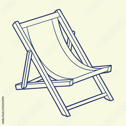 Simple blue line drawing of a classic wooden deck chair on cream background