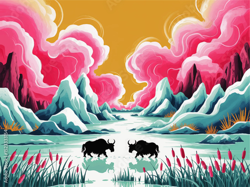 Vibrant Fantasy Landscape with Yaks, Snowy Mountains, Pink Clouds, and Golden Sky – Surreal Nature Art for Creative Design