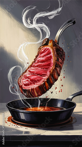 Juicy Seared Steak in Hot Frying Pan with Rising Steam – Gourmet Food Illustration for Culinary and Restaurant Concepts