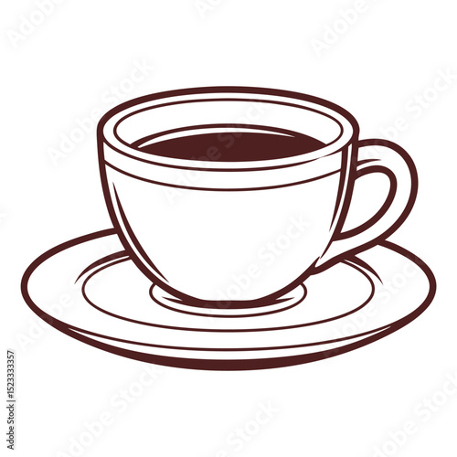 Simple coffee cup illustration on saucer with brown outlines on white background