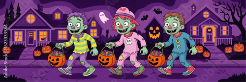 Cute Cartoon Zombie Kids Trick-or-Treating on Halloween Night with Pumpkins, Candy, and Haunted Houses in Spooky Purple Neighborhood