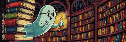 Cute Cartoon Ghost with Glasses and Candle Exploring a Magical Library at Night, Surrounded by Colorful Bookshelves, Whimsical Illustration