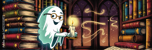 Cute Cartoon Ghost with Glasses Holding Candle in Cozy Magical Library at Night – Whimsical Book and Fantasy Reading Illustration