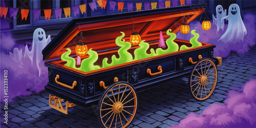 Spooky Halloween Coffin Wagon with Glowing Green Smoke, Jack-o’-Lantern Lanterns, and Floating Ghosts in Festive Night Scene