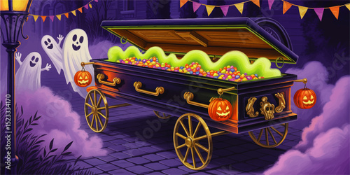 Spooky Halloween Coffin Cart Overflowing with Candy and Glowing Slime, Surrounded by Cute Ghosts and Jack-o’-Lanterns in Foggy Night Scene