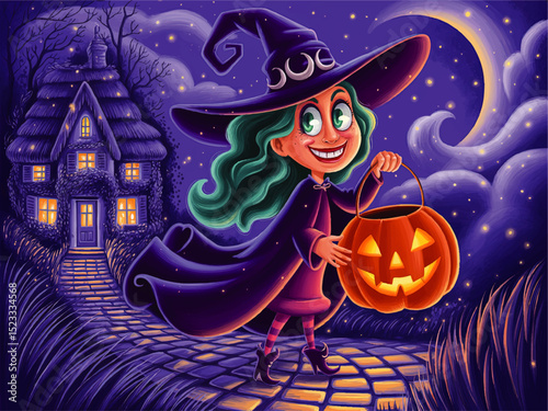 Cute Cartoon Witch Girl Trick-or-Treating with Jack-O’-Lantern Pumpkin on Halloween Night, Whimsical House, Moonlit Fantasy Art