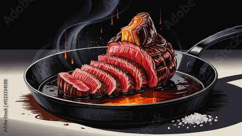 Juicy Sliced Medium Rare Steak with Melting Butter in Hot Skillet, Steam Rising, Gourmet Restaurant Illustration