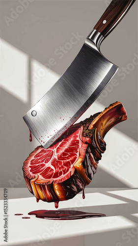 Realistic cleaver slicing raw bone-in steak with blood splatter, modern shadows and dramatic light – culinary art concept