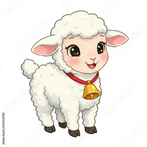 Cartoon White Lamb Sheep Animal with Bell Illustration Transparent Background