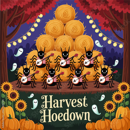 Cute Autumn Harvest Hoedown Illustration with Spider Band, Hay Bales, Pumpkins, Sunflowers, and Festive Halloween Ghosts