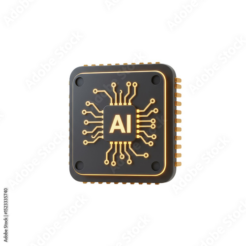 3d Render of Black and Gold Artificial Intelligence Chip with Transparent Background