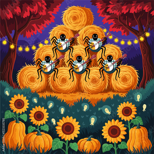 Whimsical Autumn Harvest Festival Scene with Banjo-Playing Cartoon Spiders on Hay Bales, Sunflowers, Pumpkins, and String Lights in Colorful Night Landscape