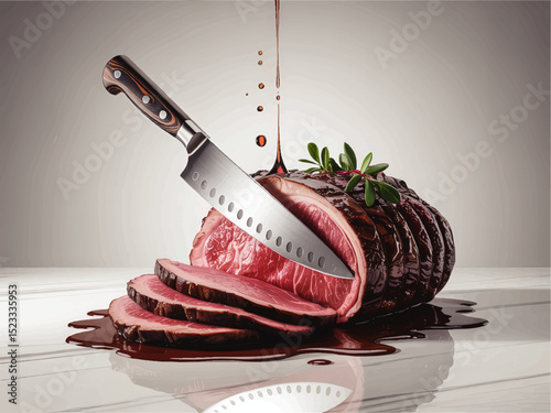 Succulent Roast Beef Slices with Chef Knife, Juicy Glaze Dripping, Gourmet Food Presentation on White Table – High-Resolution Culinary Art