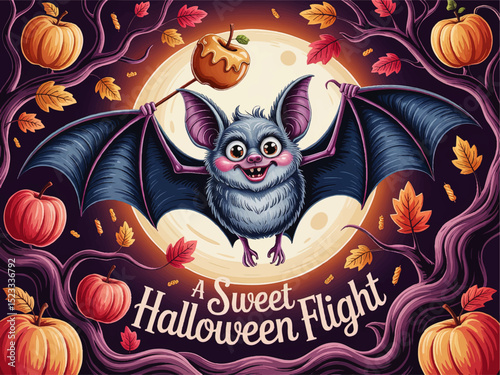 Cute Cartoon Bat with Caramel Apple Flying Against Full Moon, Surrounded by Pumpkins and Autumn Leaves - Halloween Vector Illustration