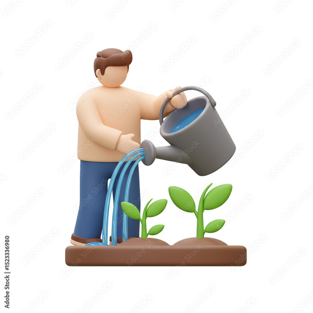 3D Rendering of Person Watering Plants With Can on Transparent Background 3D Rendering of Person Watering Plants With Can on Transparent Background