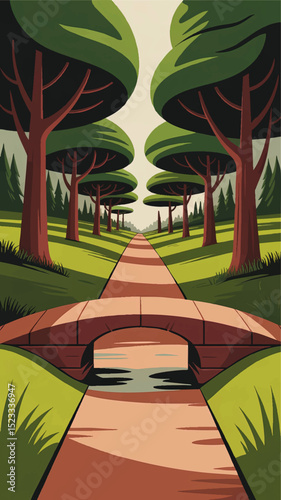 Vibrant Cartoon Forest Pathway with Bridge, Lush Greenery, and Stylized Trees – Nature Landscape Illustration for Backgrounds and Design
