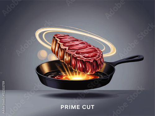 Premium Steak Illustration in Cast Iron Pan with Halo Effect – Juicy Prime Cut Cooking Concept, Modern Digital Art