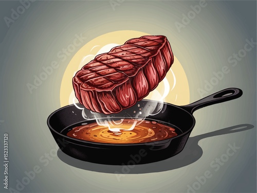 Juicy Grilled Steak Illustration in Cast Iron Skillet with Sizzling Oil, Retro Vintage Cooking Artwork for Restaurant and Culinary Design