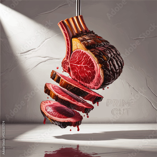 Gourmet Prime Rib Cut Abstract Illustration – Juicy Sliced Red Meat on Gray Textured Background for Steakhouse, Butcher, Food Art