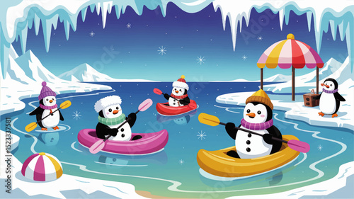 Cute Penguins Kayaking and Playing in Winter Ice Landscape, Cartoon Arctic Scene with Snow, Icebergs, and Colorful Accessories