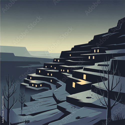 Serene minimalist mountain village at dusk with glowing windows, terraced landscape, adobe homes, and barren winter trees, vector illustration