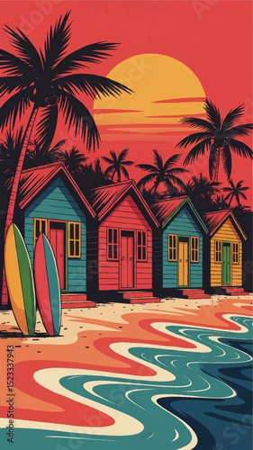 Vibrant Retro Beach Hut Illustration with Palm Trees, Surfboards, Sunset Sky, and Colorful Waves - Tropical Summer Vacation Art