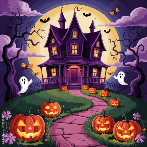 Spooky Cartoon Haunted House with Glowing Jack-O’-Lanterns, Ghosts, Bats, and Full Moon on Halloween Night
