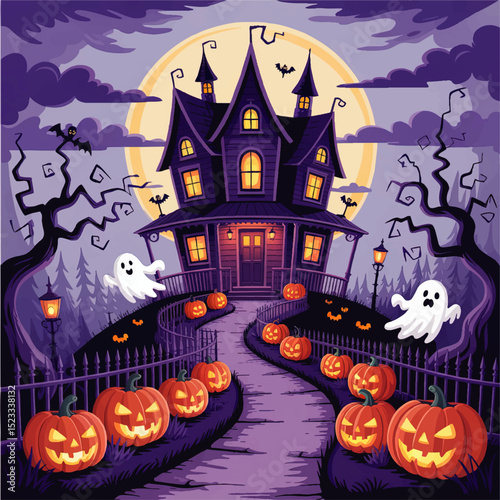 Spooky Haunted House with Glowing Jack-o’-Lanterns, Ghosts, Bats, and Full Moon – Halloween Night Vector Illustration