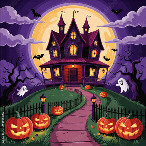 Spooky Haunted House with Jack O’Lanterns, Ghosts, Bats and Full Moon – Colorful Halloween Night Illustration