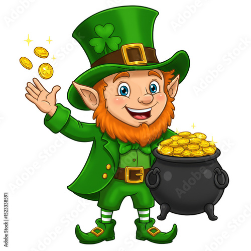 Cartoon Leprechaun With Pot Of Gold Irish Luck St Patricks Day Clover