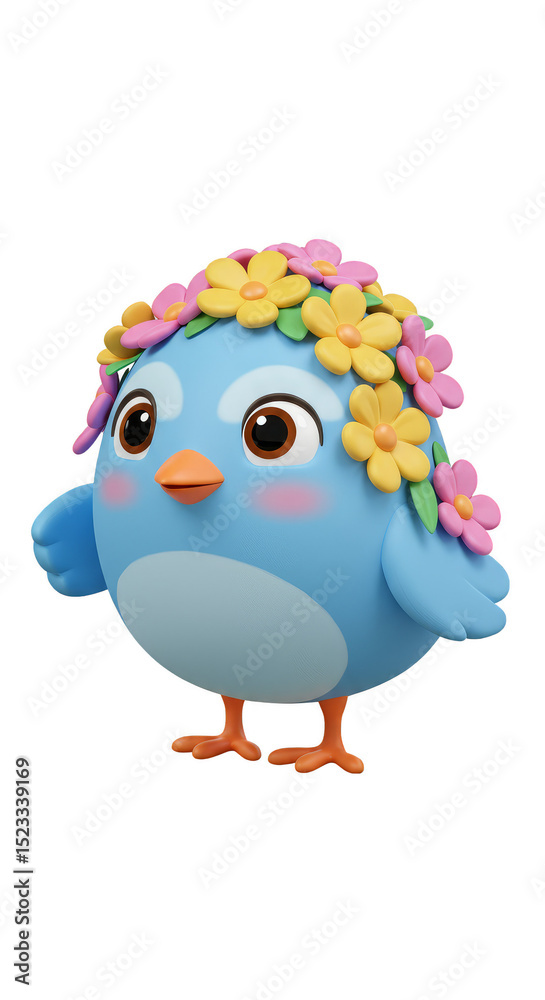 Obraz premium Cute Cartoon Bird with Floral Wreath Illustration on Transparent Background