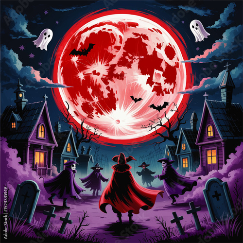 Halloween Graveyard Scene with Red Full Moon, Haunted Houses, Ghosts, Vampires, and Bats in Spooky Night Cartoon Illustration
