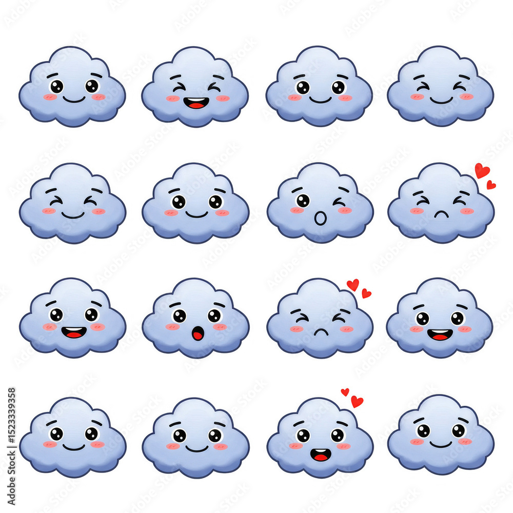 Fototapeta premium Cute Cartoon Clouds Kawaii Weather Emoji Cloud Illustration Background