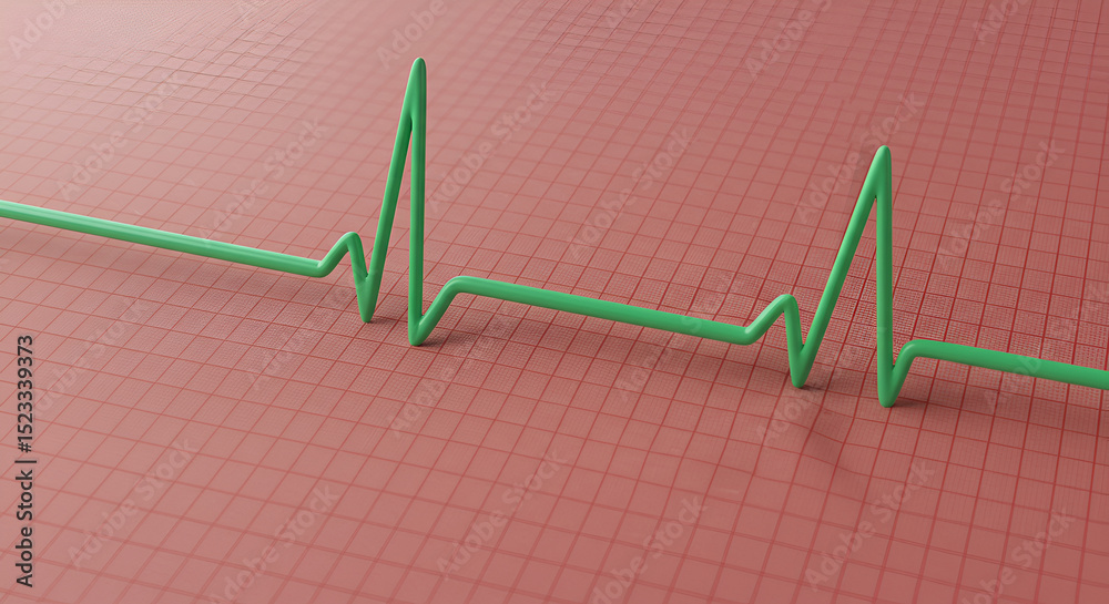 Naklejka premium Heartbeat Rhythm: A 3D Rendering of a Green ECG Line on a Red Grid Background