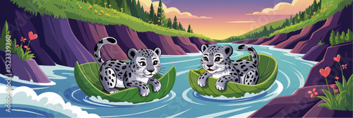 Cute Cartoon Snow Leopard Cubs Floating Down River on Leaf Boats, Colorful Nature Landscape, Adventure Illustration for Kids
