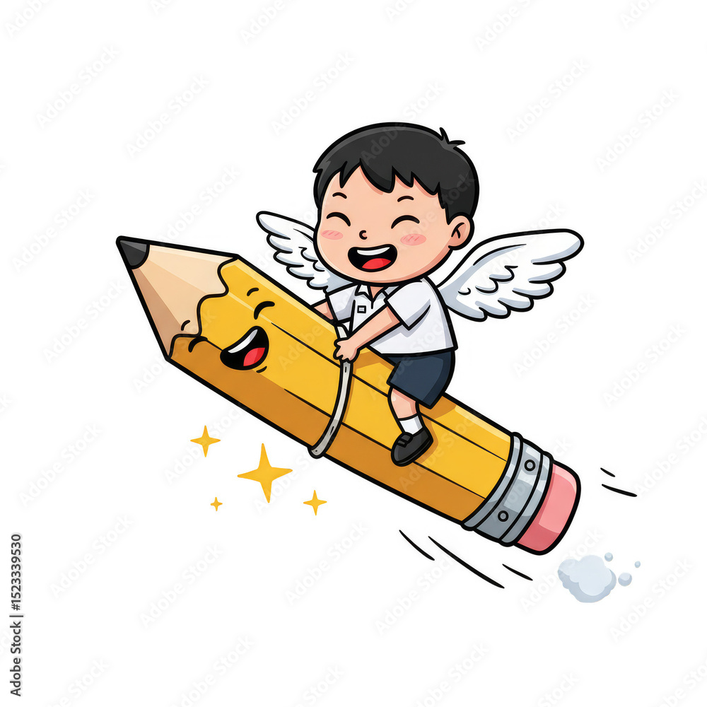 Fototapeta premium Illustration of Boy with Wing Riding a Yellow Pencil with Transparent BG